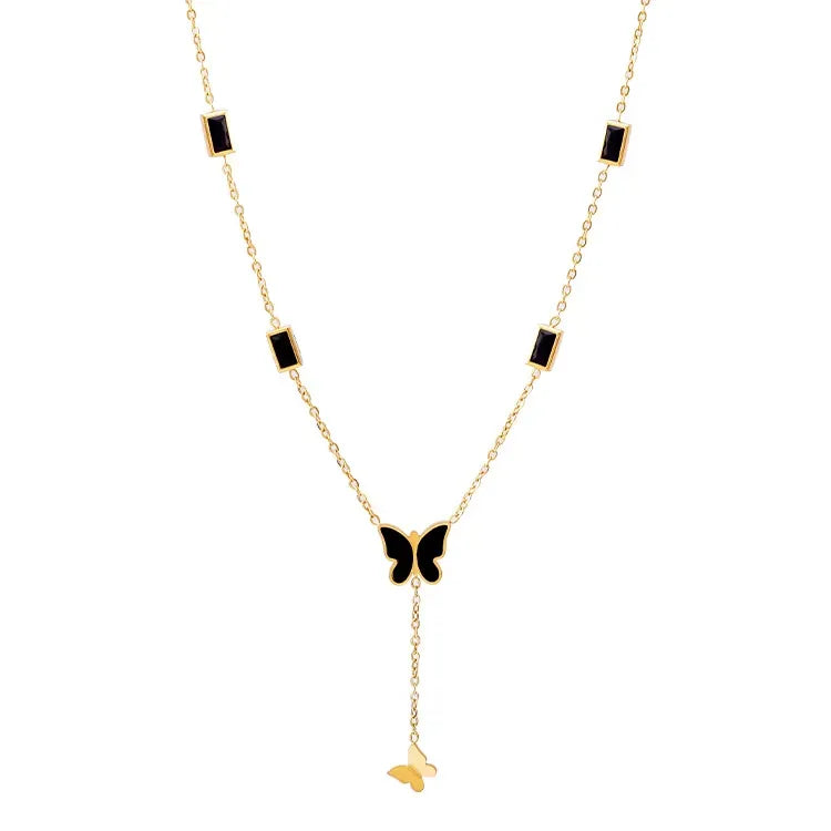Black Zircon Butterfly Tassel Necklace Stainless Steel Jewelry Pendant