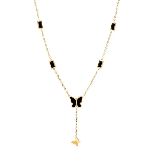 Black Zircon Butterfly Tassel Necklace Stainless Steel Jewelry Pendant