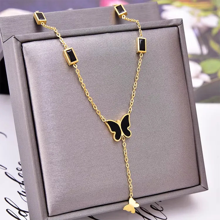 Black Zircon Butterfly Tassel Necklace Stainless Steel Jewelry Pendant
