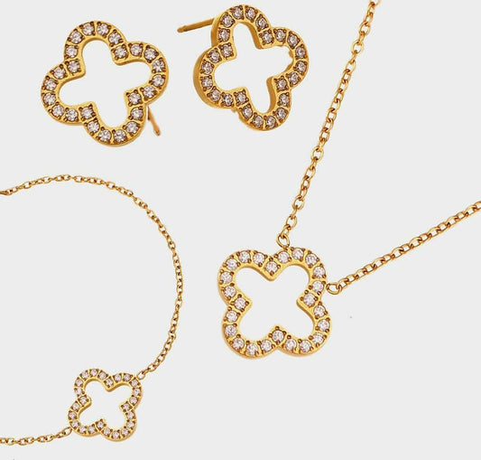 Fashionable Rhinestone Clover Necklace, Earrings And Bracelet Jewelry Set