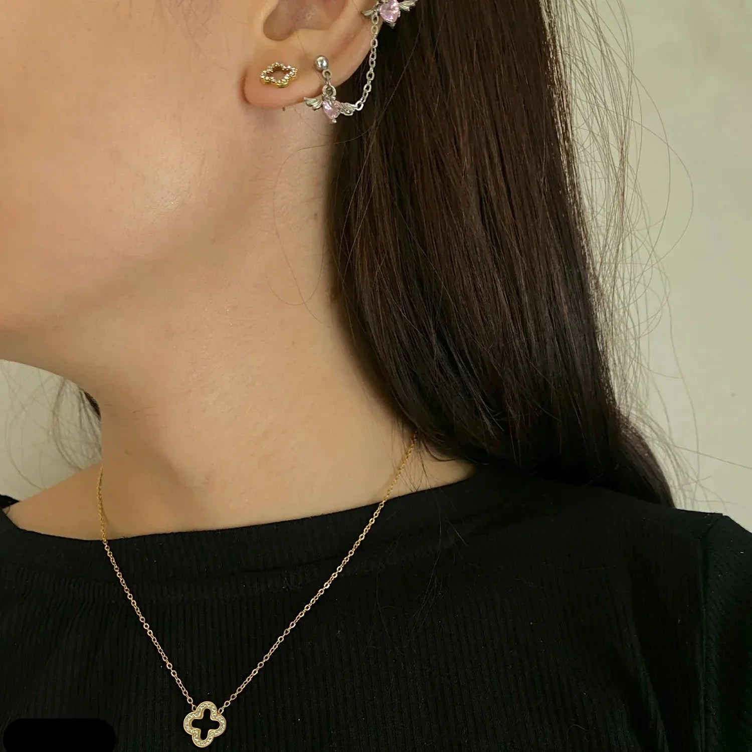 Fashionable Rhinestone Clover Necklace, Earrings And Bracelet Jewelry Set