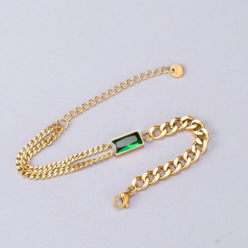 Gold Stainless Steel Green Square Zircon Heavy Chain Bracelet B108