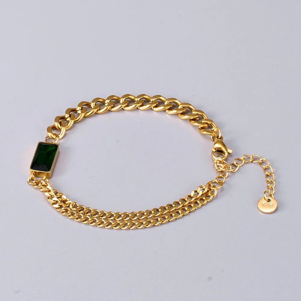 Gold Stainless Steel Green Square Zircon Heavy Chain Bracelet B108
