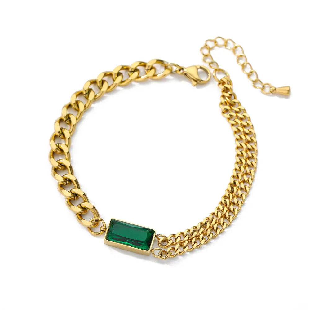 Gold Stainless Steel Green Square Zircon Heavy Chain Bracelet B108