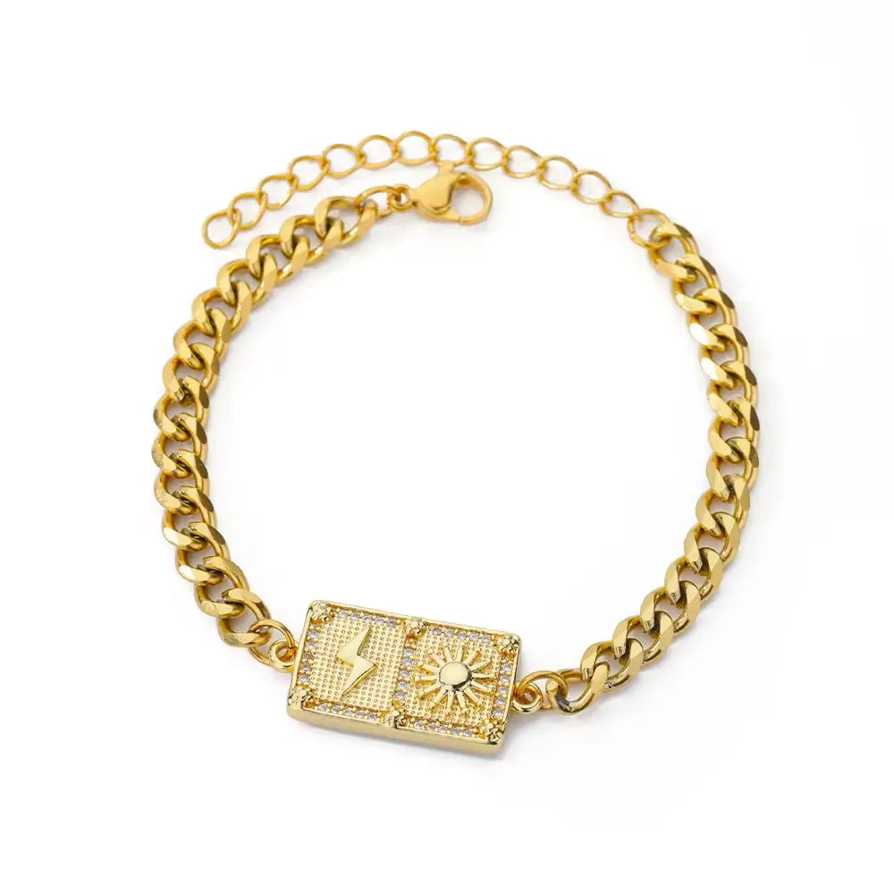 Gold Stainless Steel Green Square Zircon Heavy Chain Bracelet B108