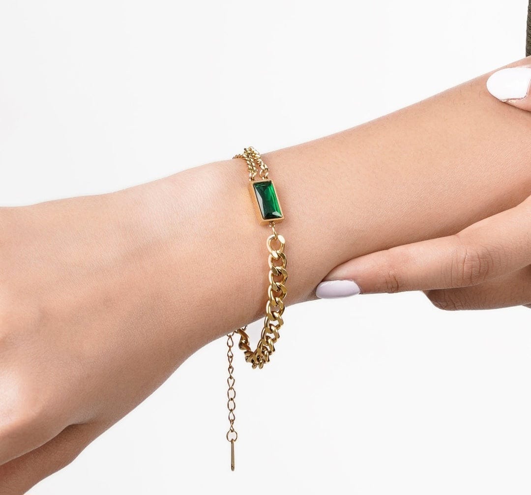 Gold Stainless Steel Green Square Zircon Heavy Chain Bracelet B108