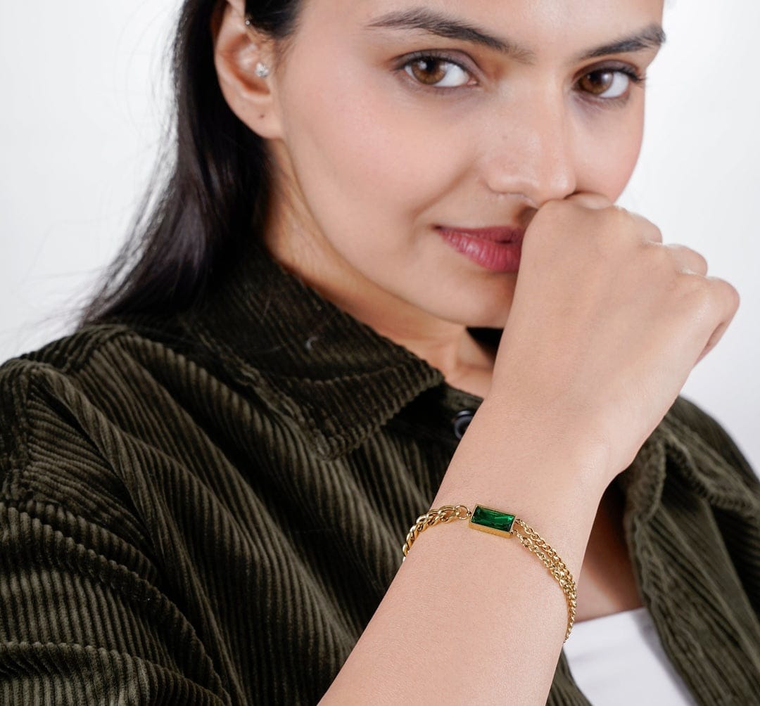 Gold Stainless Steel Green Square Zircon Heavy Chain Bracelet B108