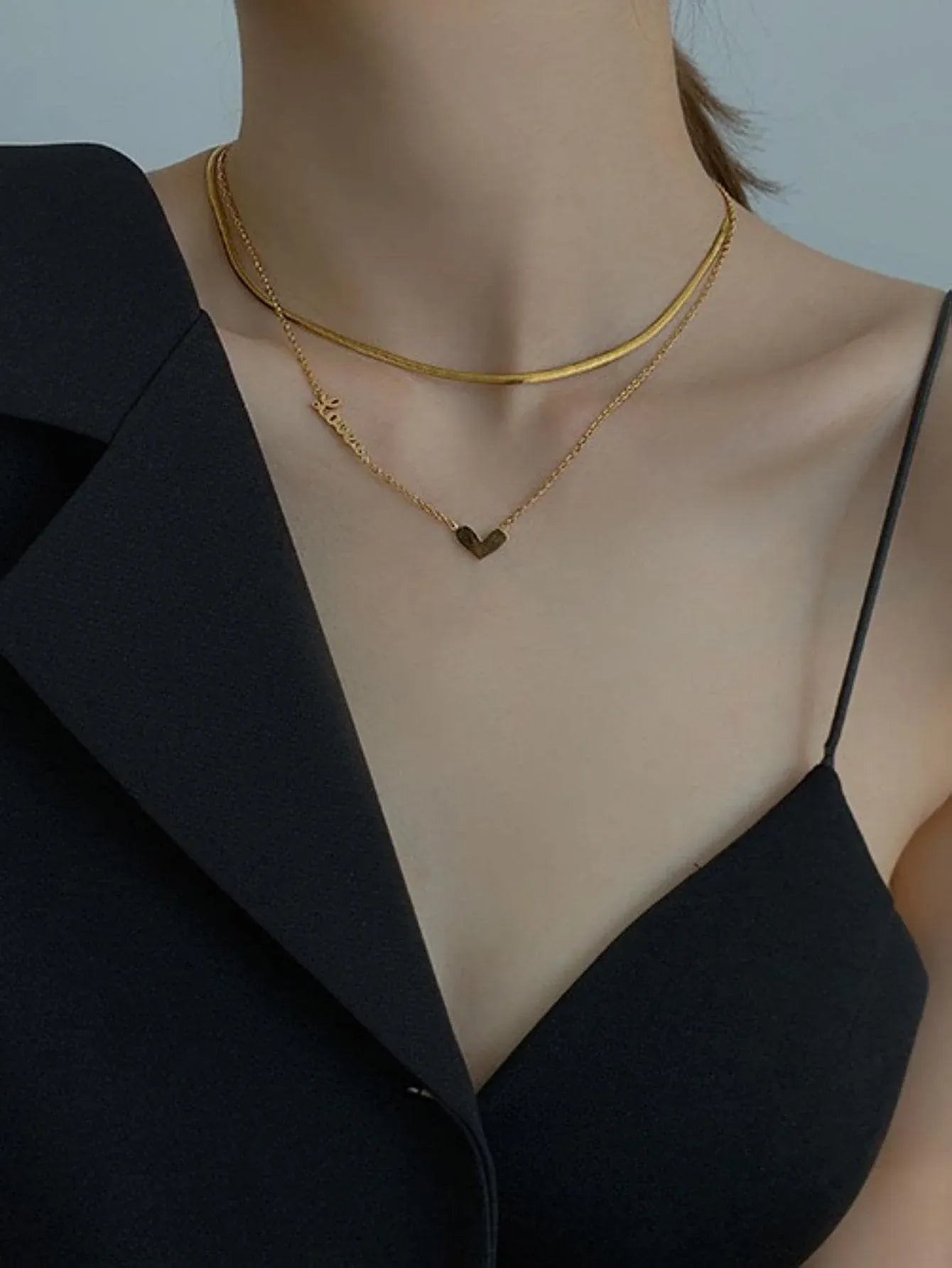 Heart Charm Double Layered Gold Chain Pendant Necklace