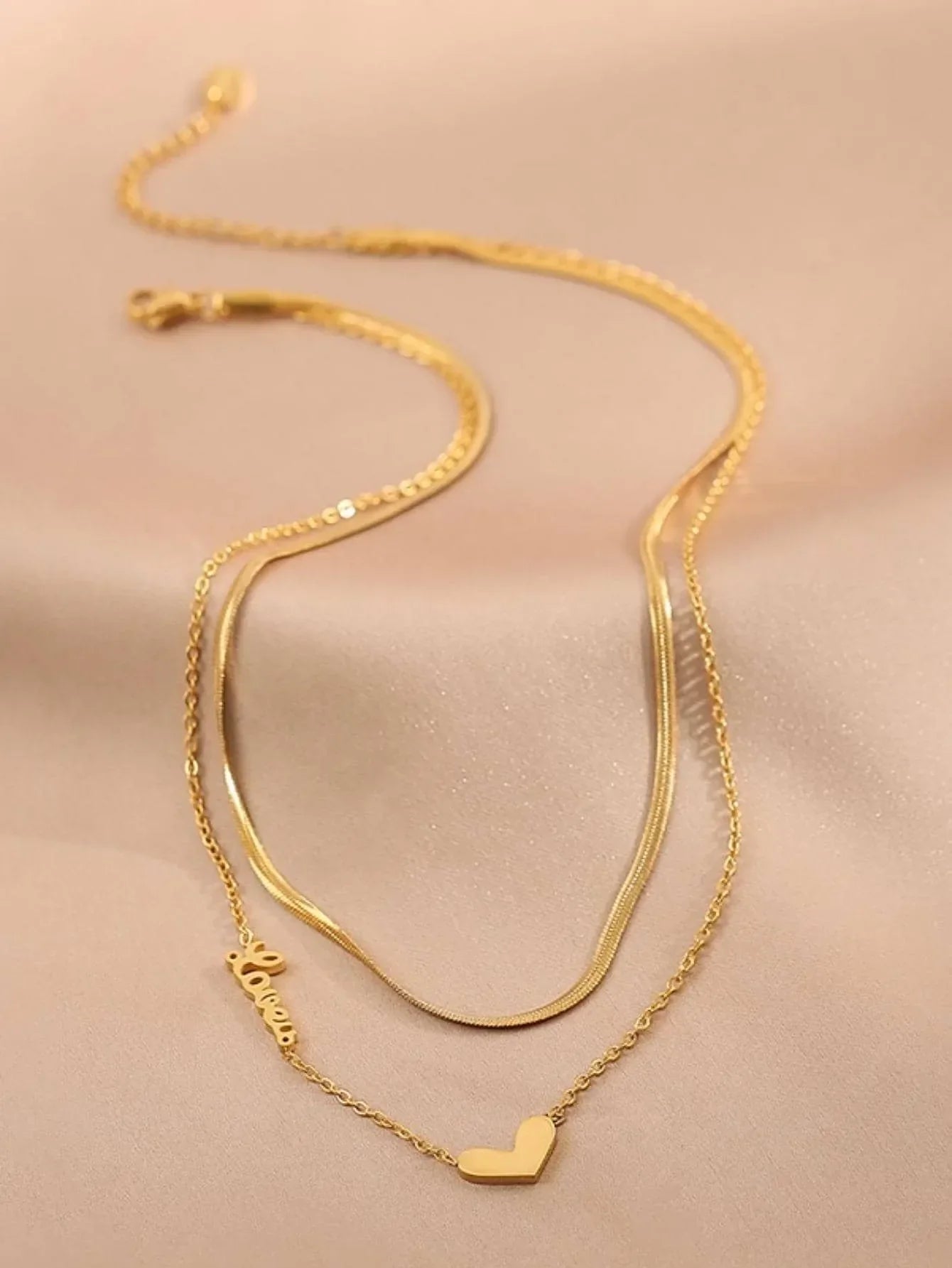 Heart Charm Double Layered Gold Chain Pendant Necklace