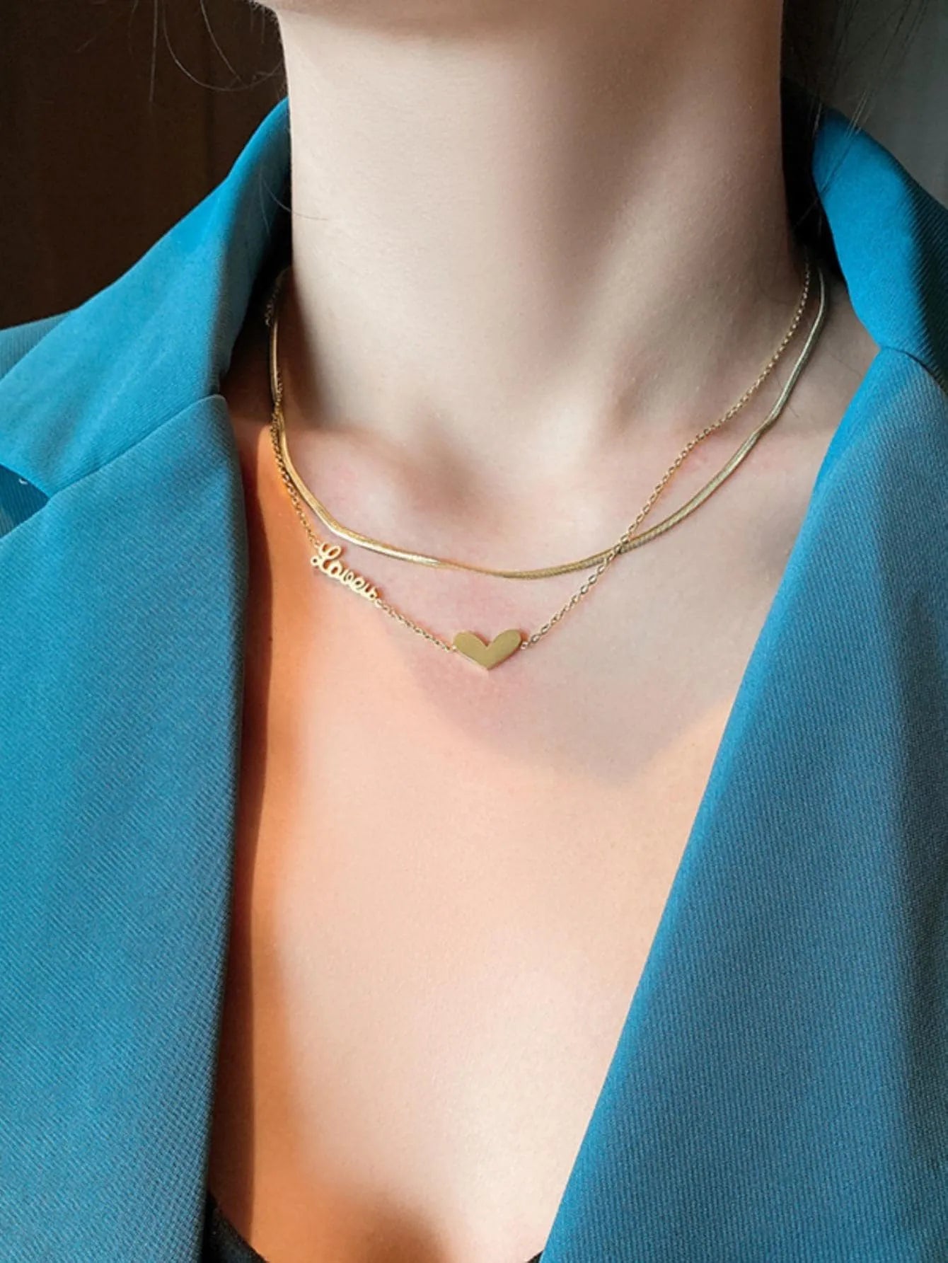 Heart Charm Double Layered Gold Chain Pendant Necklace
