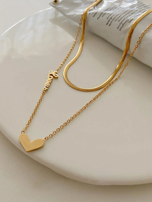 Heart Charm Double Layered Gold Chain Pendant Necklace