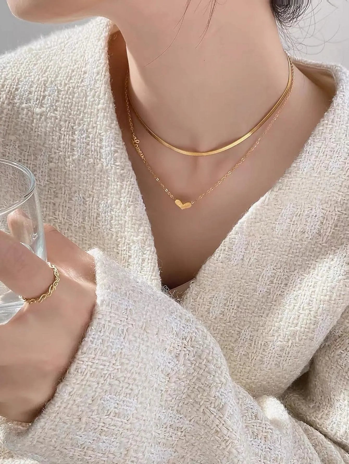Heart Charm Double Layered Gold Chain Pendant Necklace