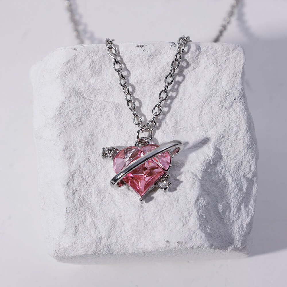 Pink Crystal Heart Silver Pendants Necklace For Women P100