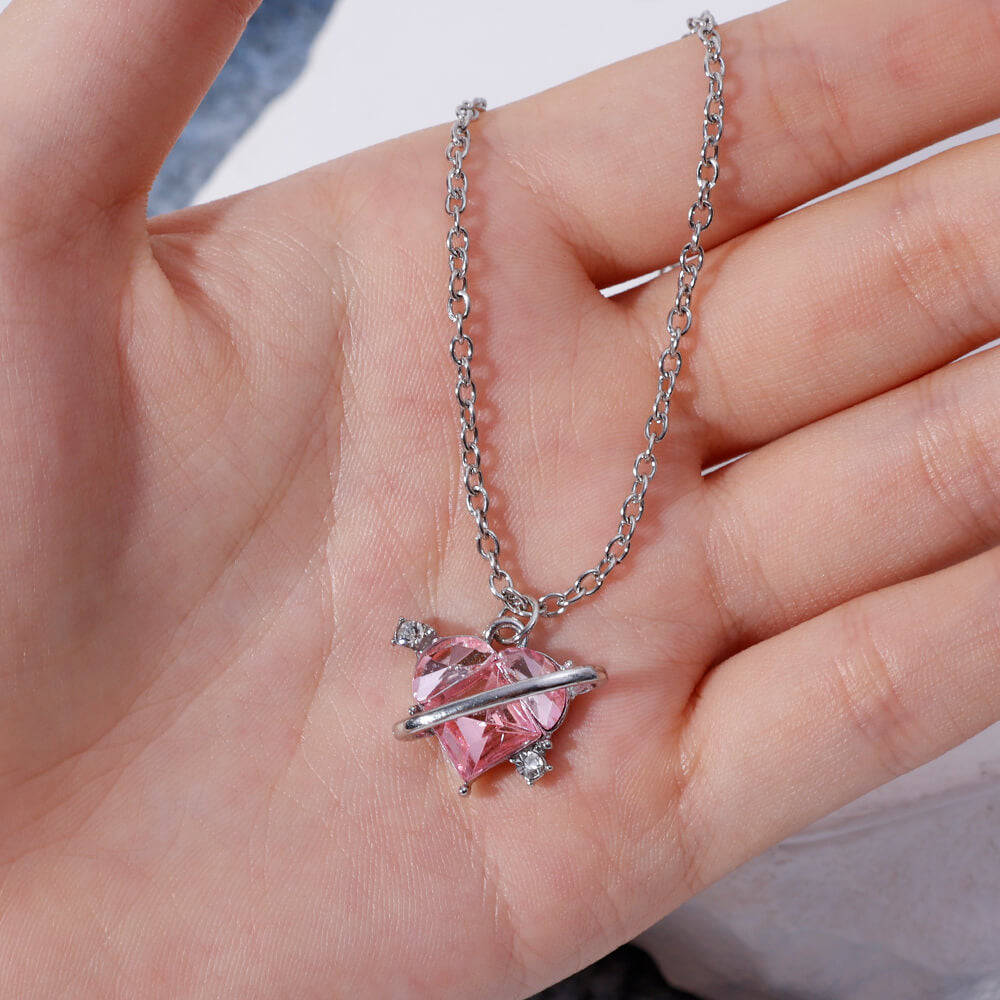 Pink Crystal Heart Silver Pendants Necklace For Women P100