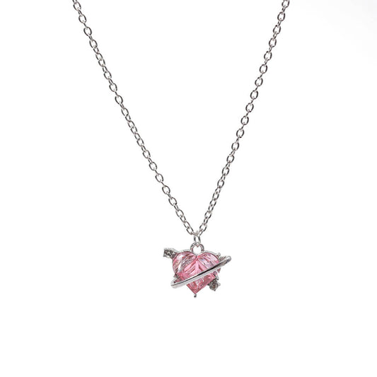 Pink Crystal Heart Silver Pendants Necklace For Women P100