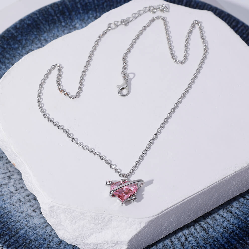 Pink Crystal Heart Silver Pendants Necklace For Women P100