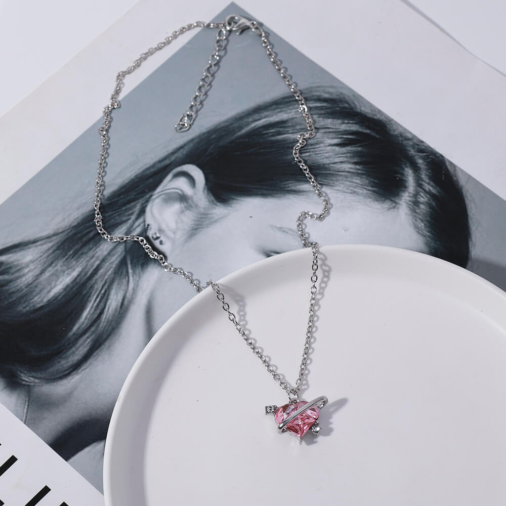 Pink Crystal Heart Silver Pendants Necklace For Women P100
