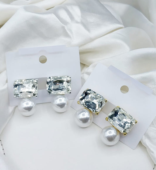 Rectangle CZ Round Shell Pearls Sterling Silver Stud Earrings E103