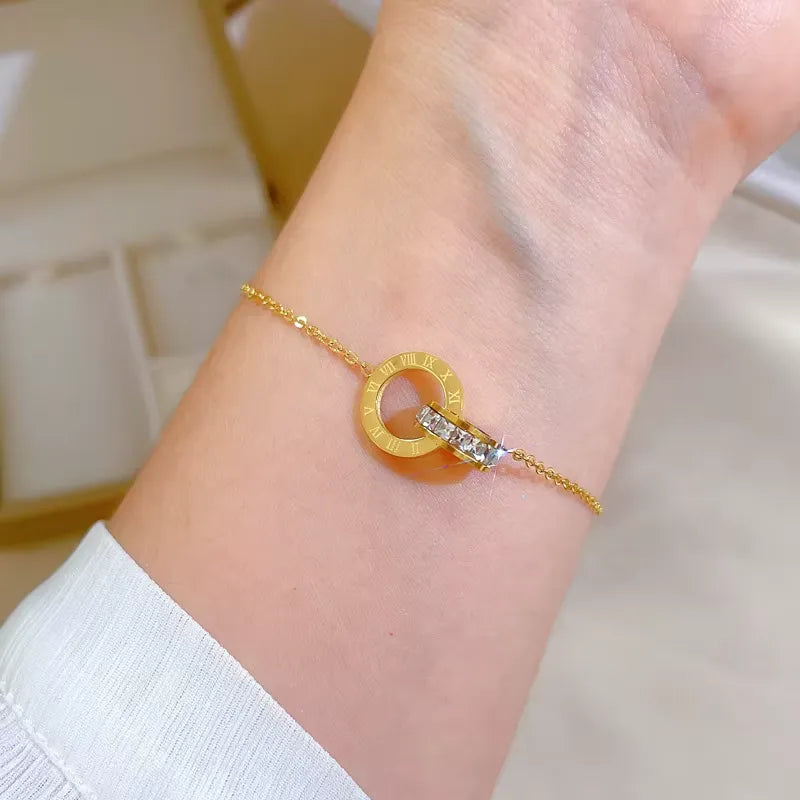 Roman Numerals Dual Ring Charm Zircon Bracelets Gold Plated