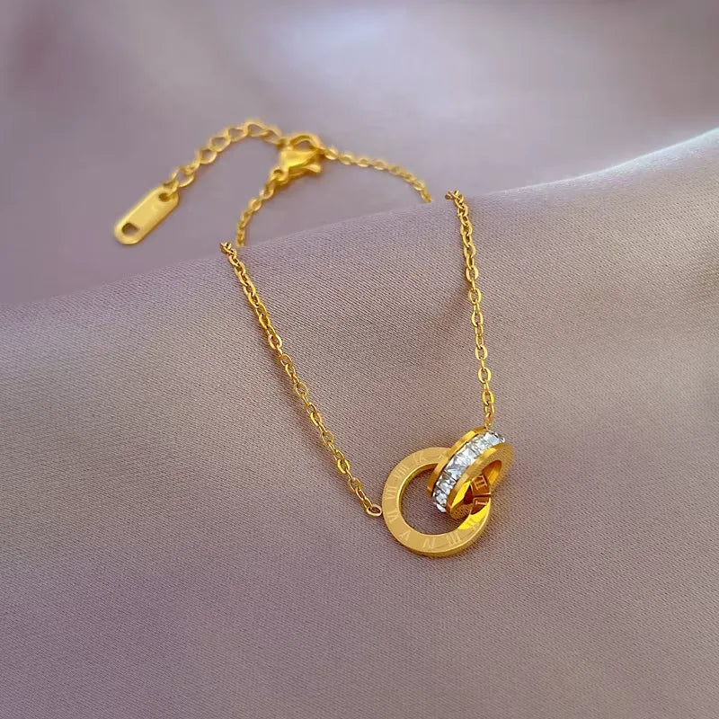 Roman Numerals Dual Ring Charm Zircon Bracelets Gold Plated