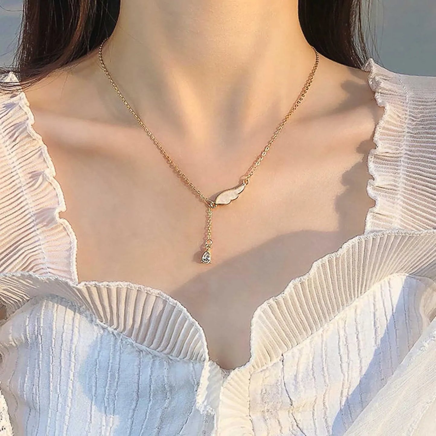 Y Shape Pendant Gold Wing Choker Necklace Teardrop Chain
