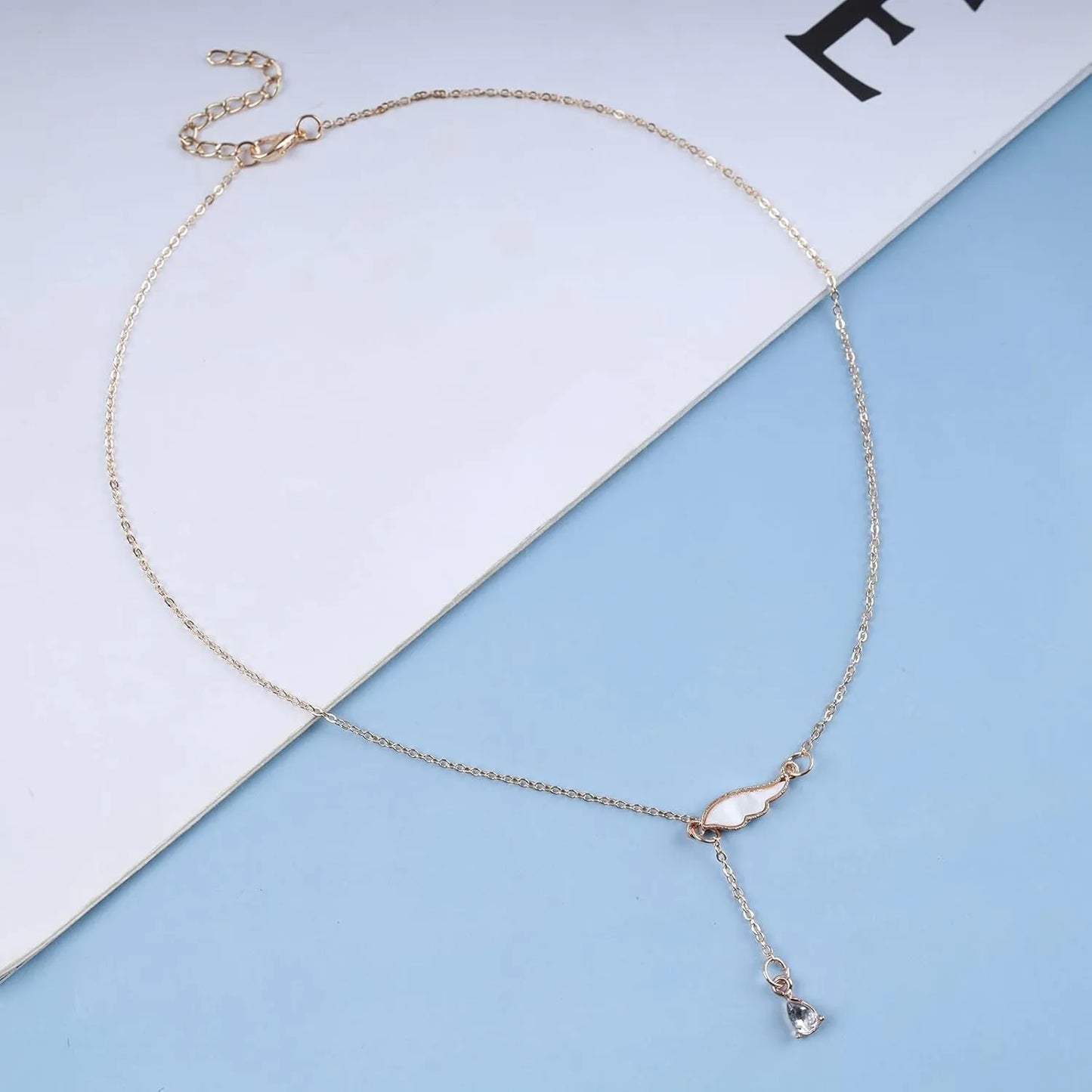 Y Shape Pendant Gold Wing Choker Necklace Teardrop Chain