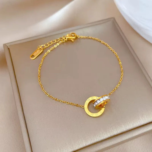Roman Numerals Dual Ring Charm Zircon Bracelets Gold Plated