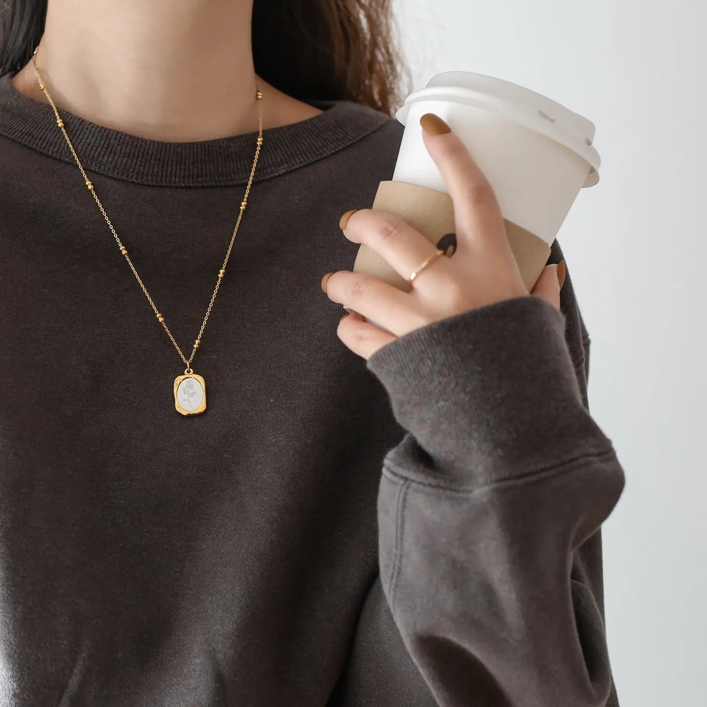 Romantic Stainless Steel Gold Plated Chain Mirror Rose Necklace